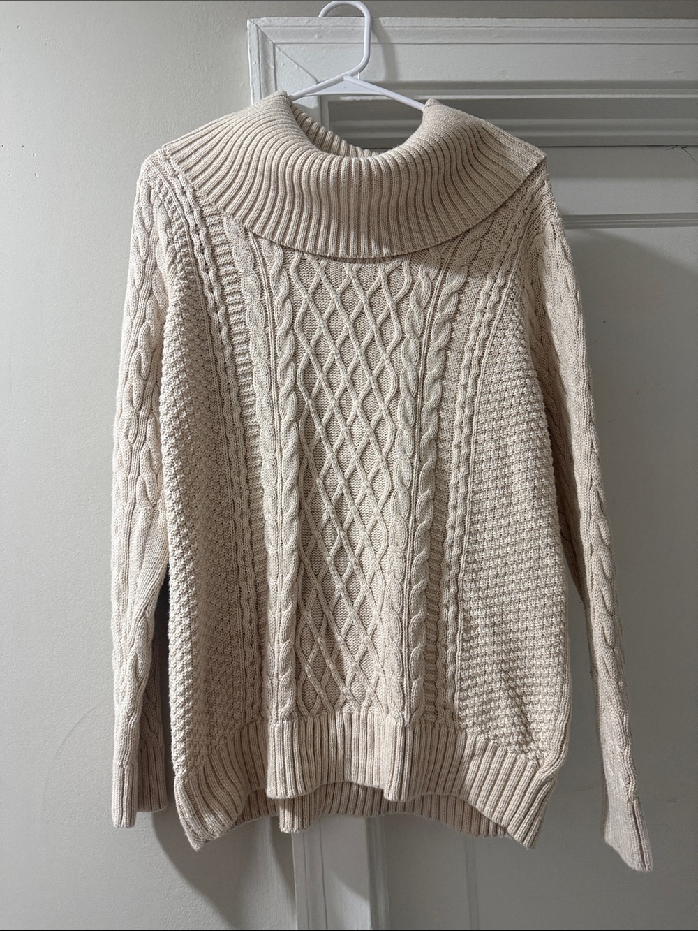 Cream Cotton Cable Knit Funnel Neck Sweater